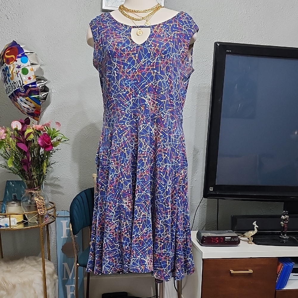Effie's Heart Blue Multi Fit & Flare Dress Sz. XL W/Pockets No Belt